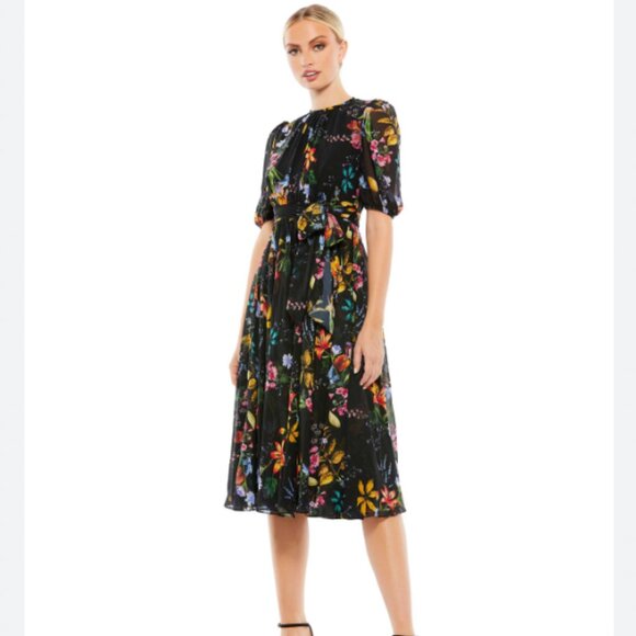 NWT Mac Duggal Floral Pattern High Neck Belted Midi Dress Size 16 - Picture 1 of 5